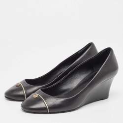 Pre Owned Tory Burch Black Leather Wedge Pumps Size 38.5