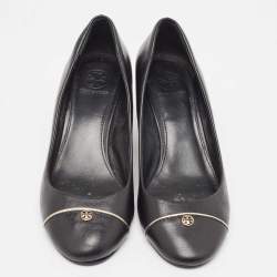 Pre Owned Tory Burch Black Leather Wedge Pumps Size 38.5