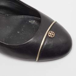 Pre Owned Tory Burch Black Leather Wedge Pumps Size 38.5