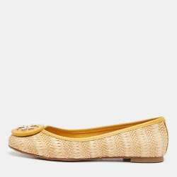 Tory Burch Beige/Yellow Raffia and Leather Reva Ballet Flats Size 35.5