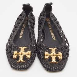 Pre Owned Tory Burch Black Woven Leather Eleanor Ballet Flats Size 36.5