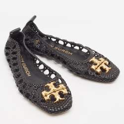 Pre Owned Tory Burch Black Woven Leather Eleanor Ballet Flats Size 36.5