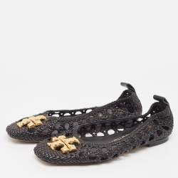 Pre Owned Tory Burch Black Woven Leather Eleanor Ballet Flats Size 36.5