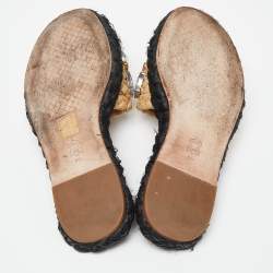 Tory Burch Beige Raffia Crystal Embellished Flat Slides Size 36.5