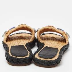 Tory Burch Beige Raffia Crystal Embellished Flat Slides Size 36.5