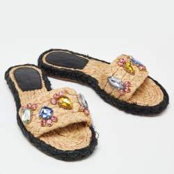 Tory Burch Beige Raffia Crystal Embellished Flat Slides Size 36.5