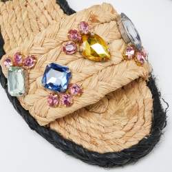 Tory Burch Beige Raffia Crystal Embellished Flat Slides Size 36.5