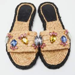 Tory Burch Beige Raffia Crystal Embellished Flat Slides Size 36.5