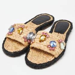 Tory Burch Beige Raffia Crystal Embellished Flat Slides Size 36.5