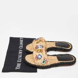 Tory Burch Beige Raffia Crystal Embellished Flat Slides Size 36.5