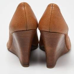 Pre Owned Tory Burch Beige Leather Wedge Pumps Size 37.5