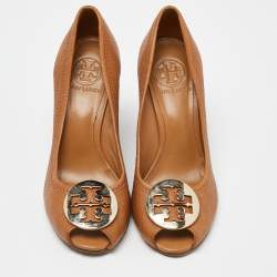 Pre Owned Tory Burch Beige Leather Wedge Pumps Size 37.5