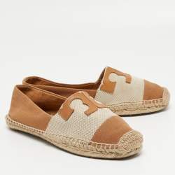 Pre Owned Tory Burch Tan/Beige Canvas Espadrilles Flats Size 38.5