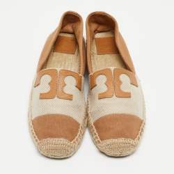 Pre Owned Tory Burch Tan/Beige Canvas Espadrilles Flats Size 38.5