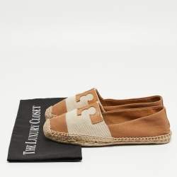 Pre Owned Tory Burch Tan/Beige Canvas Espadrilles Flats Size 38.5
