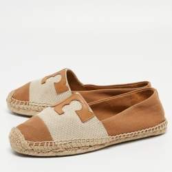 Pre Owned Tory Burch Tan/Beige Canvas Espadrilles Flats Size 38.5