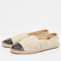 Pre Owned Tory Burch Grey/Black Suede and Leather Pearl Embellished Slip On Espadrilles Flats Size 39