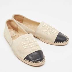 Pre Owned Tory Burch Grey/Black Suede and Leather Pearl Embellished Slip On Espadrilles Flats Size 39