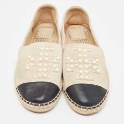 Pre Owned Tory Burch Grey/Black Suede and Leather Pearl Embellished Slip On Espadrilles Flats Size 39