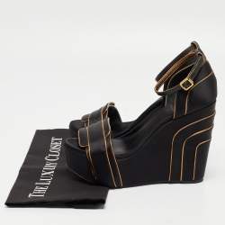 Pre Owned Tory Burch Gold/Black Satin Wedge Ankle Strap Sandals Size 37.5