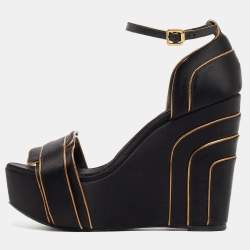 Pre Owned Tory Burch Gold/Black Satin Wedge Ankle Strap Sandals Size 37.5