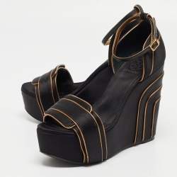 Pre Owned Tory Burch Gold/Black Satin Wedge Ankle Strap Sandals Size 37.5