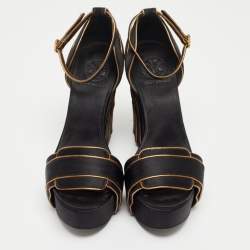 Pre Owned Tory Burch Gold/Black Satin Wedge Ankle Strap Sandals Size 37.5