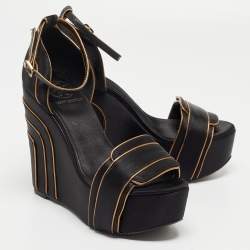 Pre Owned Tory Burch Gold/Black Satin Wedge Ankle Strap Sandals Size 37.5