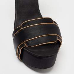 Pre Owned Tory Burch Gold/Black Satin Wedge Ankle Strap Sandals Size 37.5