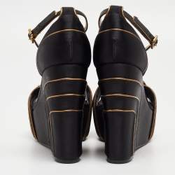 Pre Owned Tory Burch Gold/Black Satin Wedge Ankle Strap Sandals Size 37.5