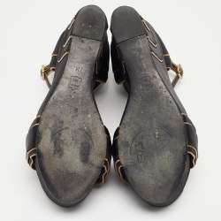 Pre Owned Tory Burch Gold/Black Satin Wedge Ankle Strap Sandals Size 37.5