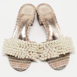 Pre Owned Tory Burch Multicolor Fabric and Tatiana Pearl Slide Sandals Size 39