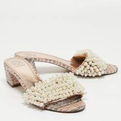 Pre Owned Tory Burch Multicolor Fabric and Tatiana Pearl Slide Sandals Size 39