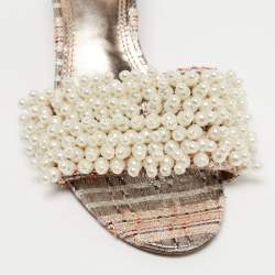 Pre Owned Tory Burch Multicolor Fabric and Tatiana Pearl Slide Sandals Size 39