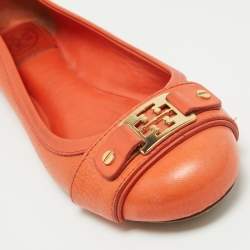 Pre Owned Tory Burch Orange Leather Cline Ballet Flats Size 38.5