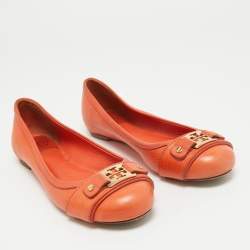 Pre Owned Tory Burch Orange Leather Cline Ballet Flats Size 38.5