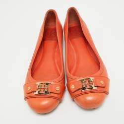 Pre Owned Tory Burch Orange Leather Cline Ballet Flats Size 38.5