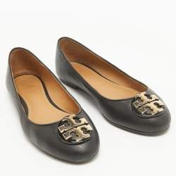Pre Owned Tory Burch Black Leather Claire Ballet Flats Size 37.5