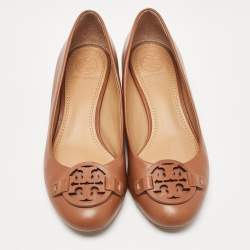Pre Owned Tory Burch Brown Leather Gabriel Wedge Pumps Size 36