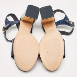 Pre Owned Tory Burch Navy Blue Croc Embossed Leather Martine Platform Sandals Size 39