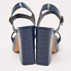 Pre Owned Tory Burch Navy Blue Croc Embossed Leather Martine Platform Sandals Size 39