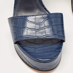 Pre Owned Tory Burch Navy Blue Croc Embossed Leather Martine Platform Sandals Size 39