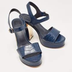 Pre Owned Tory Burch Navy Blue Croc Embossed Leather Martine Platform Sandals Size 39