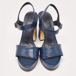 Pre Owned Tory Burch Navy Blue Croc Embossed Leather Martine Platform Sandals Size 39