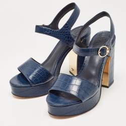 Pre Owned Tory Burch Navy Blue Croc Embossed Leather Martine Platform Sandals Size 39