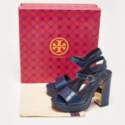 Pre Owned Tory Burch Navy Blue Croc Embossed Leather Martine Platform Sandals Size 39