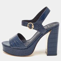 Pre Owned Tory Burch Navy Blue Croc Embossed Leather Martine Platform Sandals Size 39