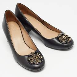 Pre Owned Tory Burch Black Leather Block Heel Pumps Size 35.5