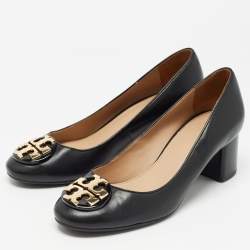 Pre Owned Tory Burch Black Leather Block Heel Pumps Size 35.5