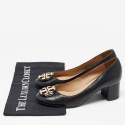 Pre Owned Tory Burch Black Leather Block Heel Pumps Size 35.5